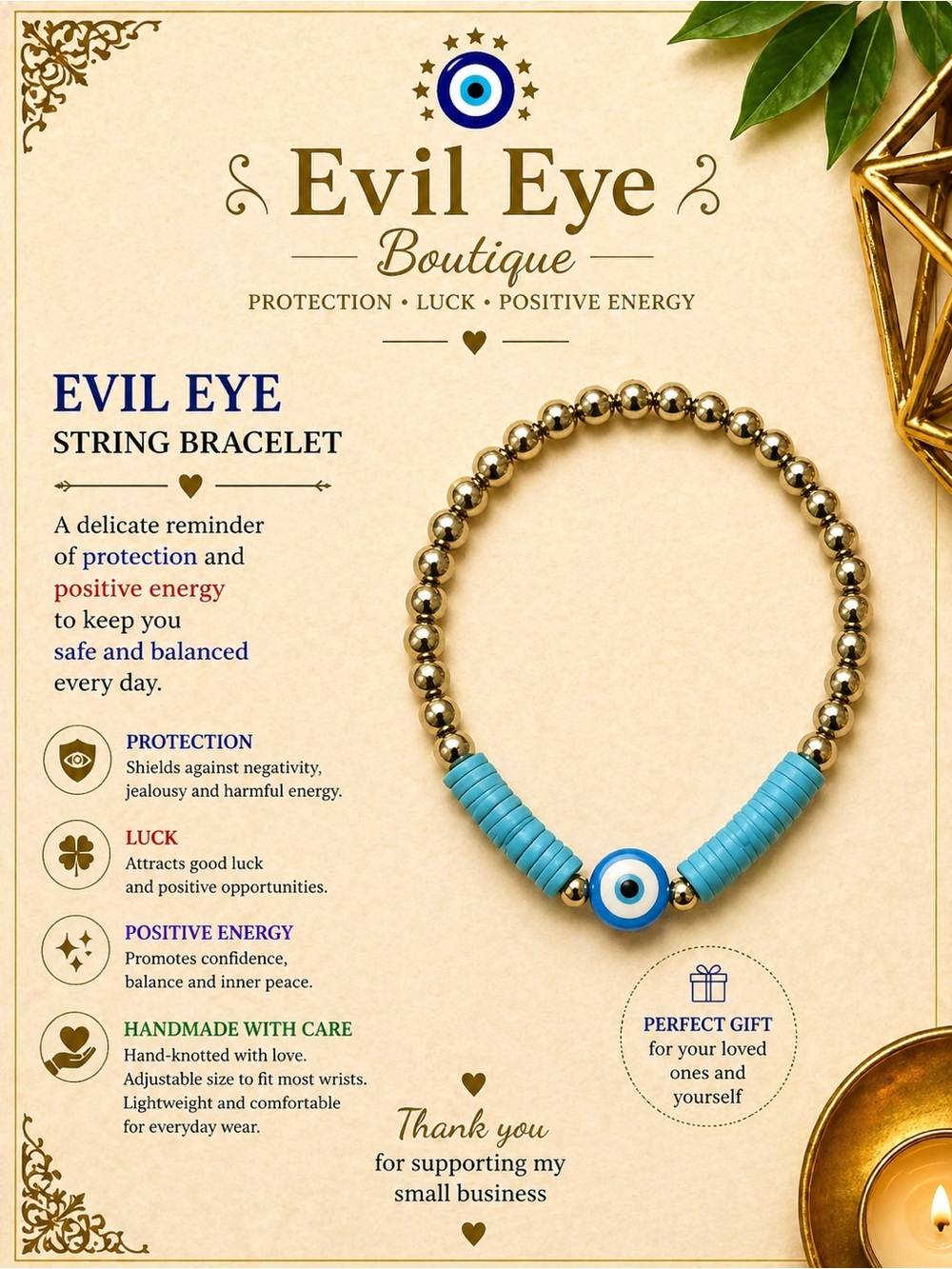 Gold & Turquoise Beaded String Bracelet - Evil Eye Charm
